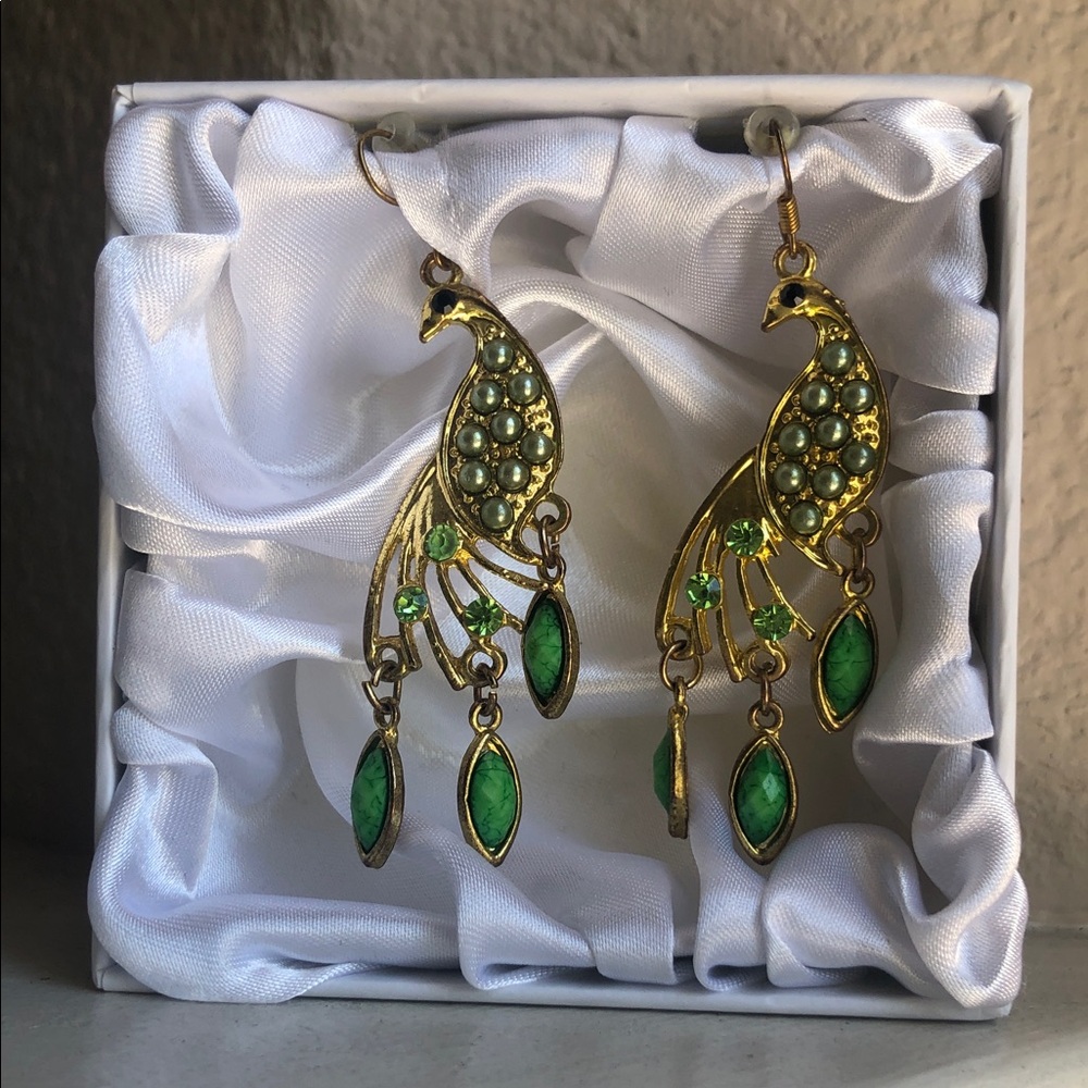 Elegant Gold and Green Peacock Earrings